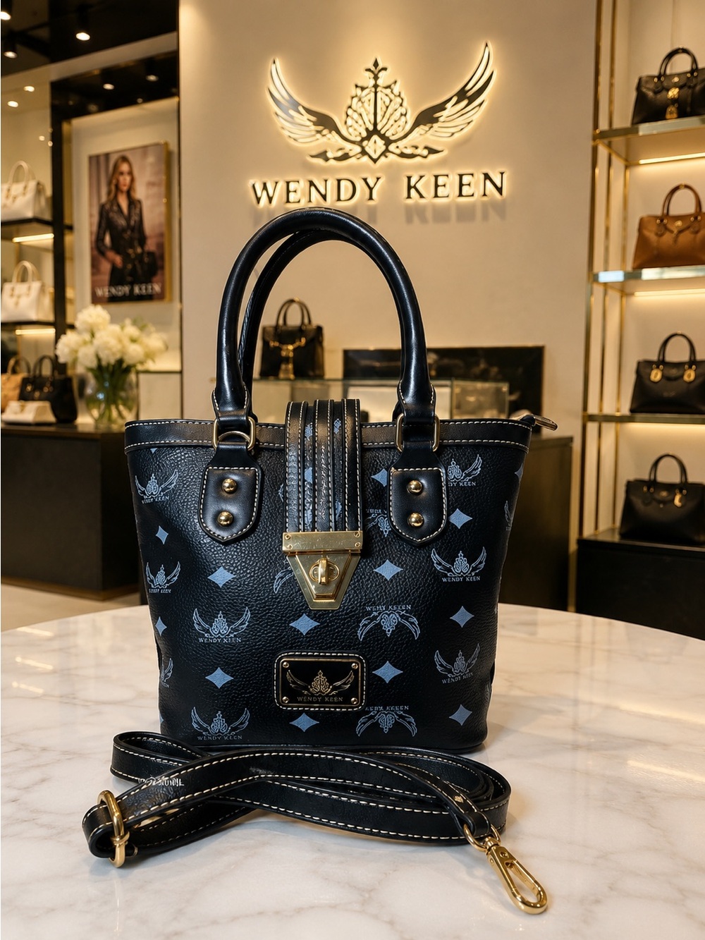 Black Logo-Print Leather Tote with Gold Hardware